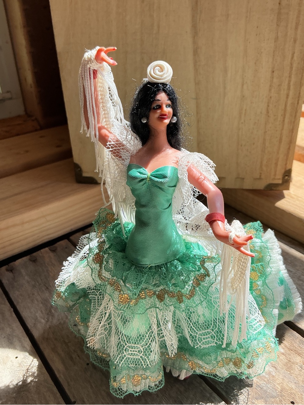 Vintage Green Lace Flamenco Doll on stand 6” Retro Spanish Figurine souvenir